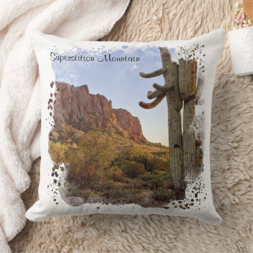 Superstition Mountain Evening Light Saguaro Cactus Throw Pillow