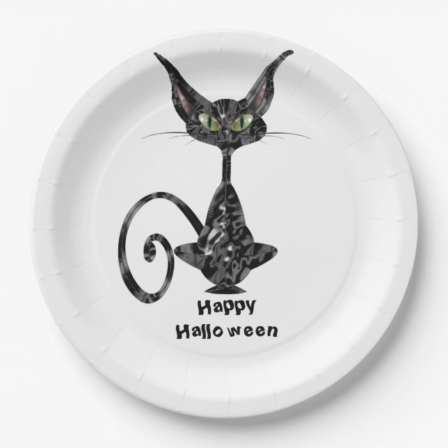 Superstitious Black Cat Halloween Party Paper Plates (Front)