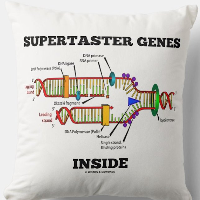 Supertaster Genes Inside DNA Replication Humor Throw Pillow (Throw pillow featuring DNA replication for any supertaster)
