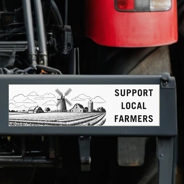 Support Local Farmers Arable Farm Windmill Farming Bumper Sticker (A bumper sticker with 'Support Local Farmers' slogan, with line art picture of farmland and windmill)