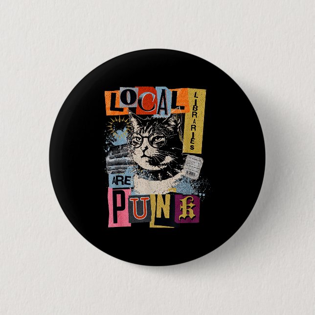 Support local library funny cat reading book y2k button (Front)