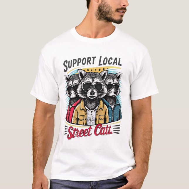Support Local Street Cats: Cute Raccoon Gang T-Shirt (Front)