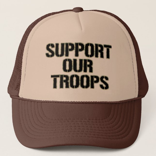 Support Our Troops Hat- Camoflauge Print Trucker Hat (Front)