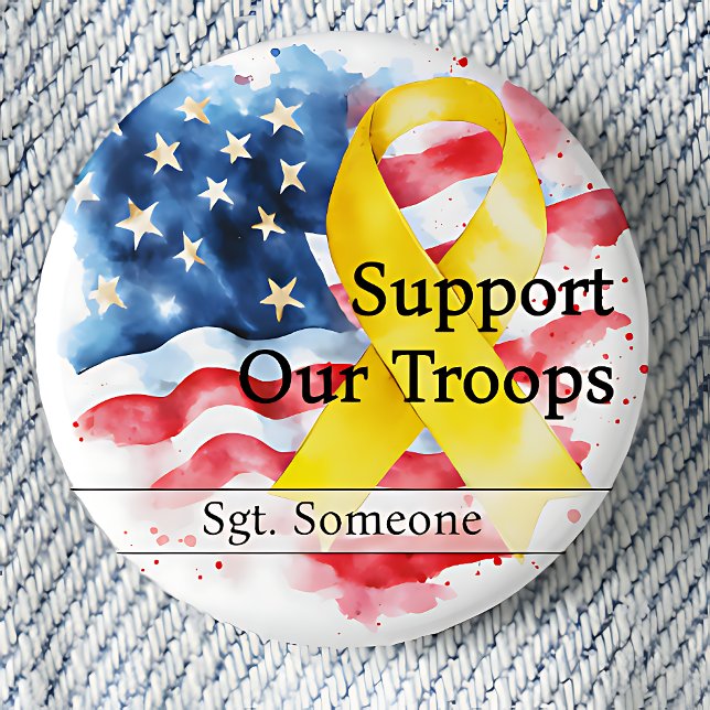 Support Our Troops Yellow Awareness Ribbon Small Button (Small Support Our Troops Pinback Button.  Yellow Ribbon.  US Flag.)