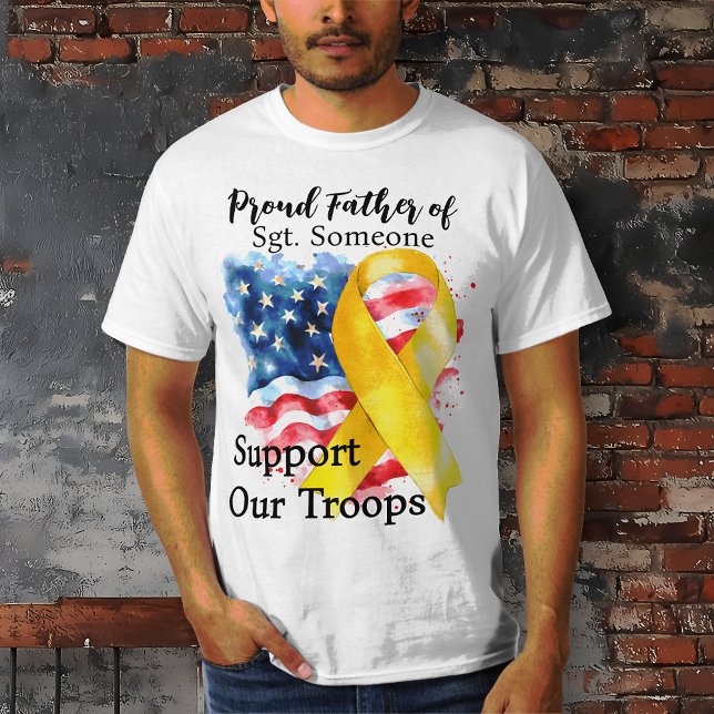 Support Our Troops Yellow Awareness Ribbon T-Shirt (Support the Troops.  Proud Father of... Men's T-shirt. US Flag. Yellow awareness ribbon.)
