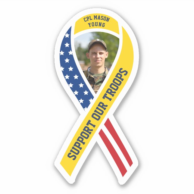 Support Our Troops Yellow Ribbon Flag Custom Photo Sticker (Front)