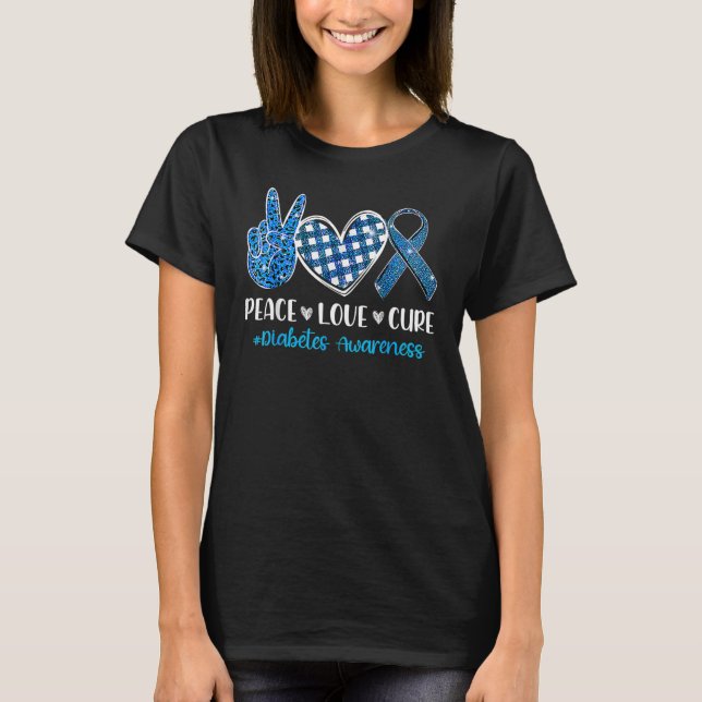 Support Peace Love Cure Grey Blue Ribbon Diabetes  T-Shirt (Front)