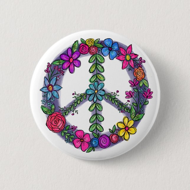 Support Peace Sign Anti-War Flowers Button (Front)