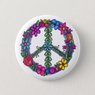 Support Peace Sign Anti-War Flowers Button
