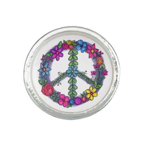 Support Peace Sign Anti_War Flowers Ring