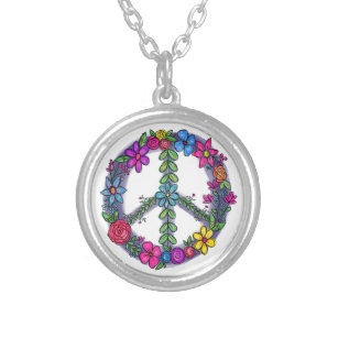 Support Peace Sign Anti-War Flowers Silver Plated Necklace
