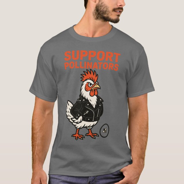Support Polinators Cool Rooster in Leather Jacket T-Shirt (Front)
