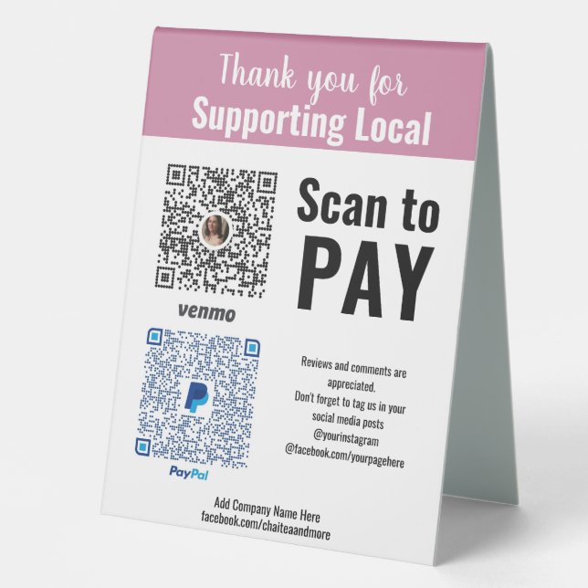 Support Small Business Receive Payment Venmo Table Tent (Front)