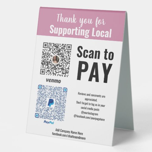 Support Small Business Receive Payment Venmo Table Tent Sign