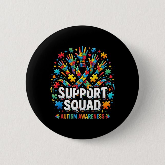Support Squad Autism Awareness Puzzle Ribbon Hands Button (Front)