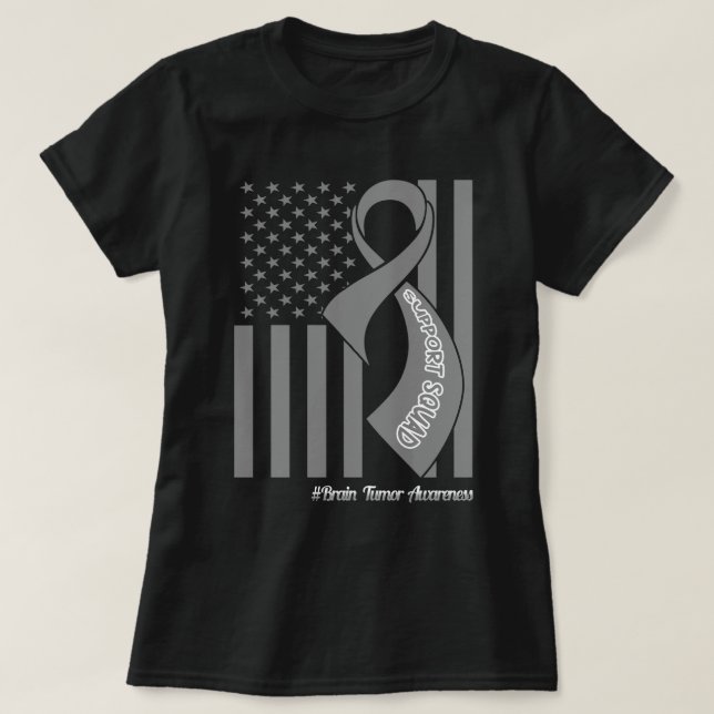 Support Squad Brain Tumor US Flag Gray Ribbon T-Shirt (Design Front)