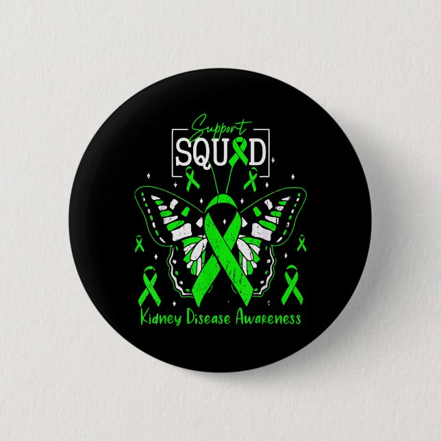 Support Squad Green Ribbon Butterfly PKD Kidney Button (Front)