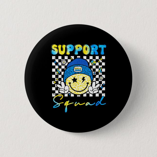 Support Squad Groovy Down Syndrome Awareness Smile Button (Front)