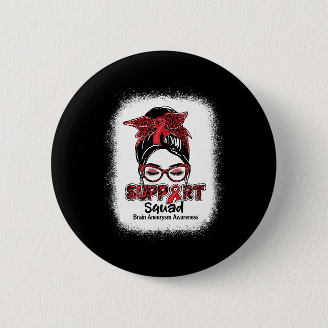 Support Squad Messy Bun Burgundy Ribbon Brain Aneu Button (Front)