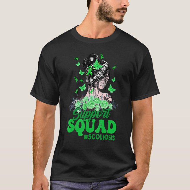 Support Squad Messy Bun Butterfly Green Ribbon Sco T-Shirt (Front)