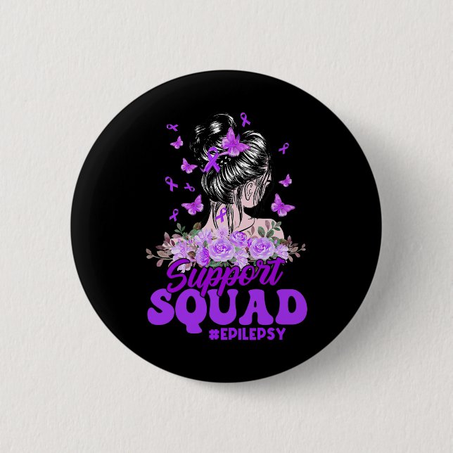 Support Squad Messy Bun Butterfly Purple Ribbon Ep Button (Front)