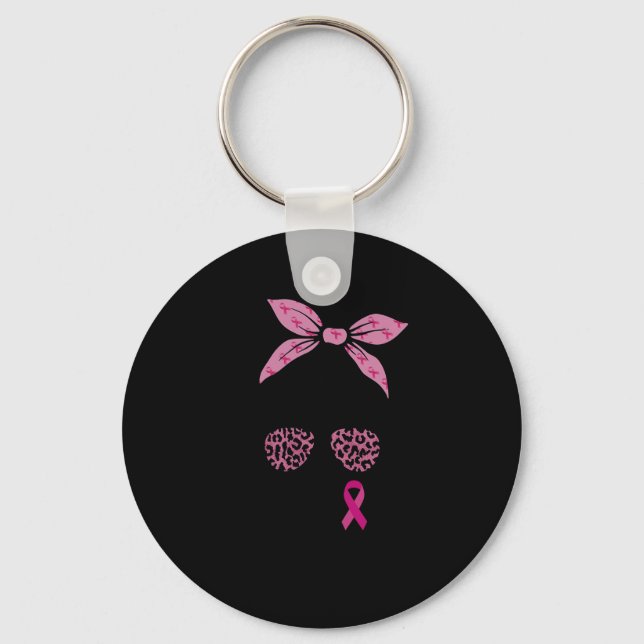 Support Squad Messy Bun Leopard Pink Breast Cancer Keychain (Front)