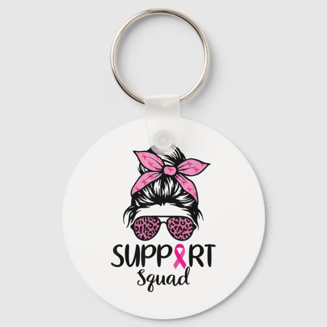 Support Squad Messy Bun Pink Breast Cancer Awarene Keychain (Front)