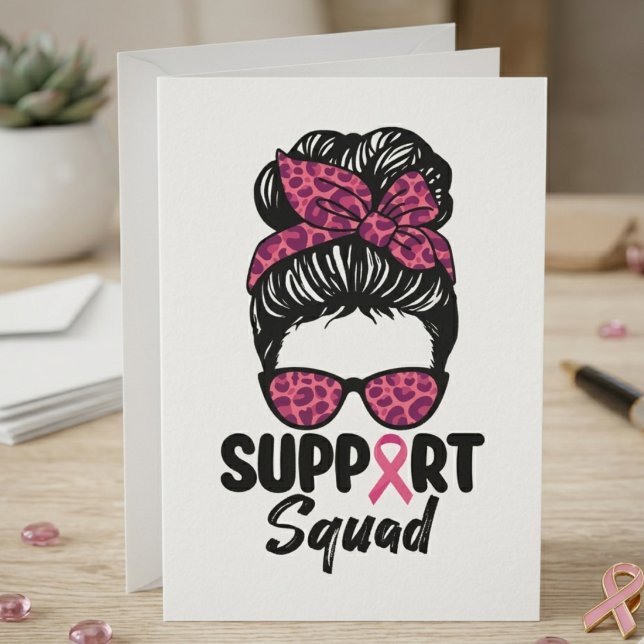 Support Squad Messy Bun Pink Ribbon Warrior Thank You Card (Creator Uploaded)