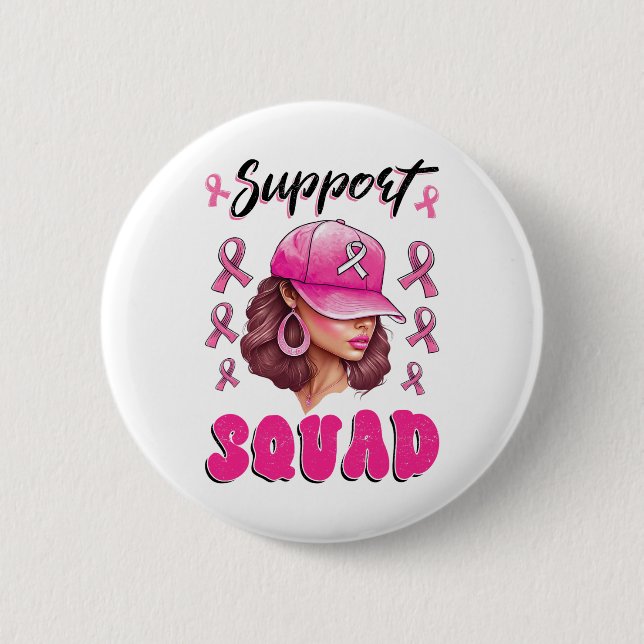 Support Squad Messy Bun Pink Warrior Breast Cancer Button (Front)