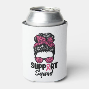 Support Squad Messy Bun Pink Warrior Breast Cancer Can Cooler