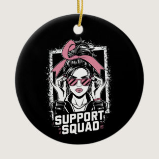Support Squad Messy Bun Pink Warrior Breast Cancer Ceramic Ornament