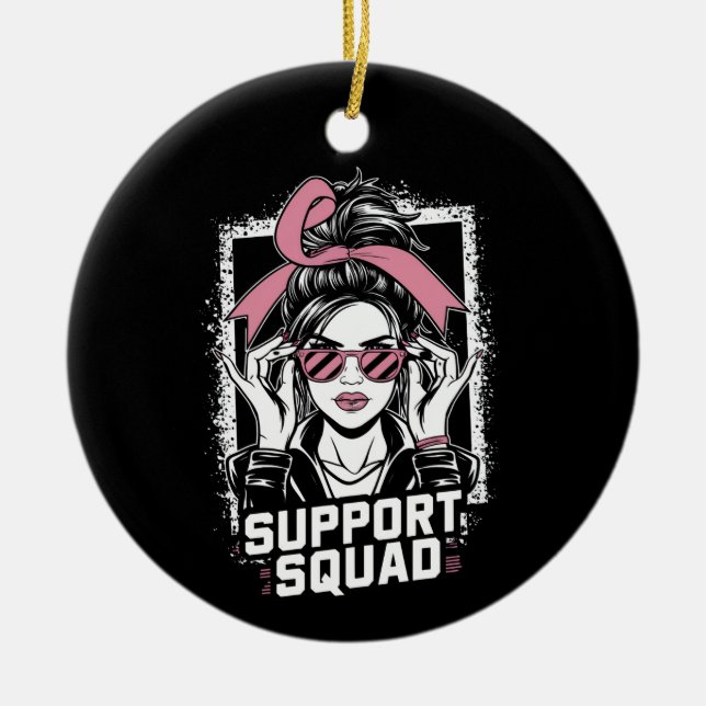 Support Squad Messy Bun Pink Warrior Breast Cancer Ceramic Ornament (Front)