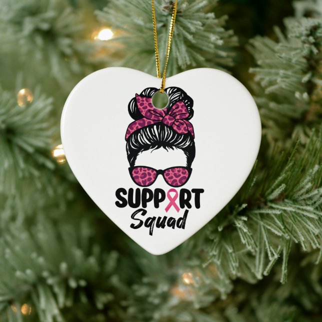 Support Squad Messy Bun Pink Warrior Breast Cancer Ceramic Ornament (Tree)
