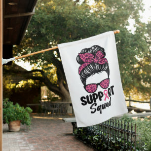 Support Squad Messy Bun Pink Warrior Breast Cancer House Flag