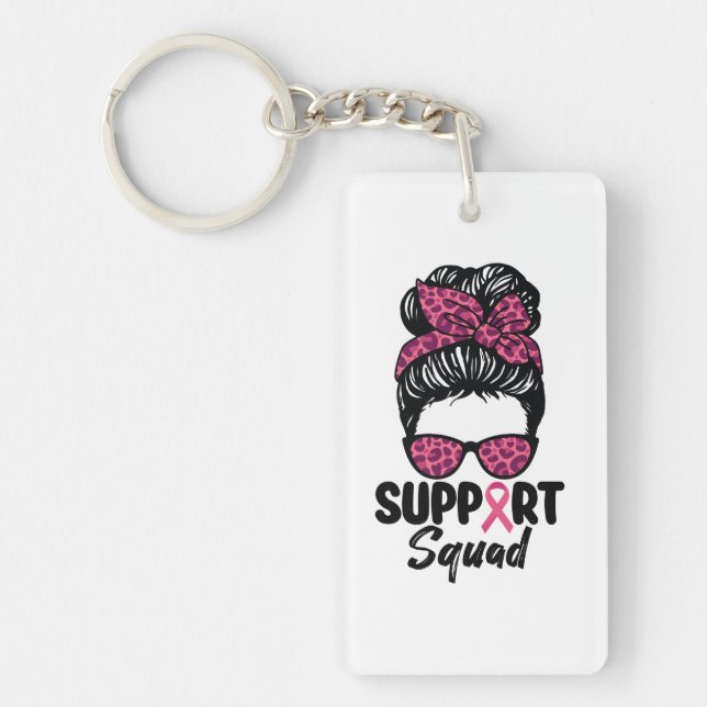 Support Squad Messy Bun Pink Warrior Breast Cancer Keychain (Front)