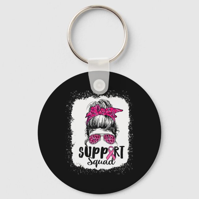 Support Squad Messy Bun Pink Warrior Breast Cancer Keychain (Front)