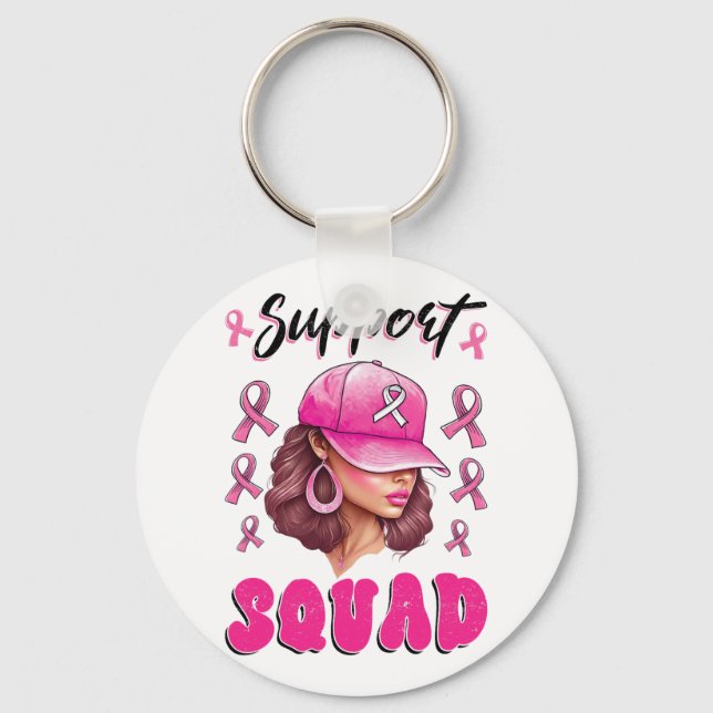 Support Squad Messy Bun Pink Warrior Breast Cancer Keychain (Front)