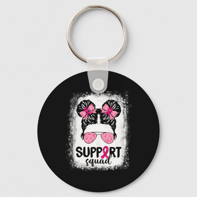 Support Squad Messy Bun Pink Warrior Breast Cancer Keychain (Front)