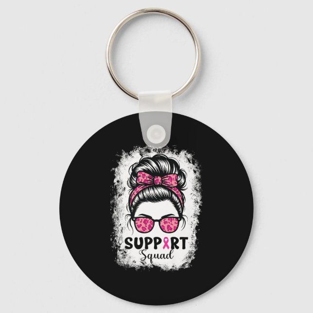 Support Squad Messy Bun Pink Warrior Breast Cancer Keychain (Front)