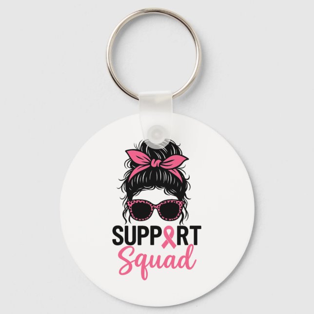 Support Squad Messy Bun Pink Warrior Breast Cancer Keychain (Front)