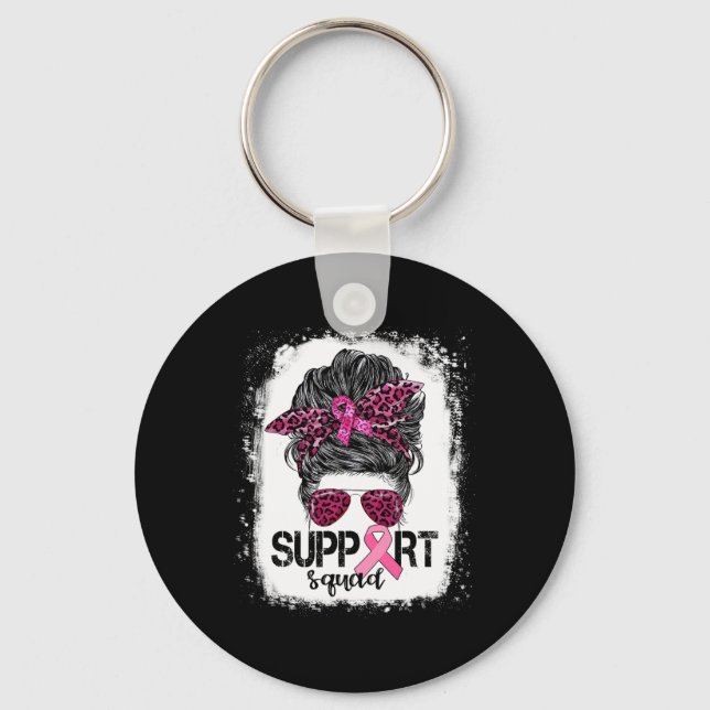 Support Squad Messy Bun Pink Warrior Breast Cancer Keychain (Front)