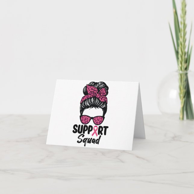 Support Squad Messy Bun Pink Warrior Breast Cancer Note Card (Front)