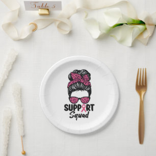 Support Squad Messy Bun Pink Warrior Breast Cancer Paper Plates