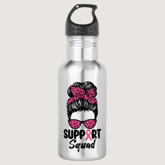 Support Squad Messy Bun Pink Warrior Breast Cancer Stainless Steel Water Bottle