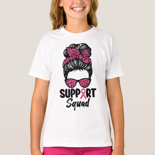 Support Squad Messy Bun Pink Warrior Breast Cancer T_Shirt