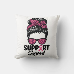 Support Squad Messy Bun Pink Warrior Breast Cancer Throw Pillow