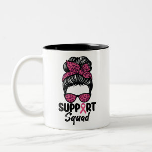 Support Squad Messy Bun Pink Warrior Breast Cancer Two-Tone Coffee Mug
