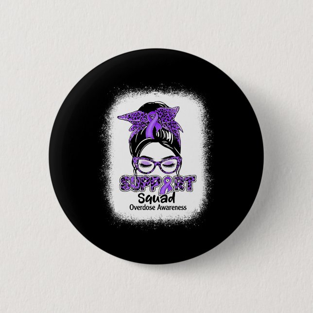 Support Squad Messy Bun Purple Ribbon Overdose Awa Button (Front)