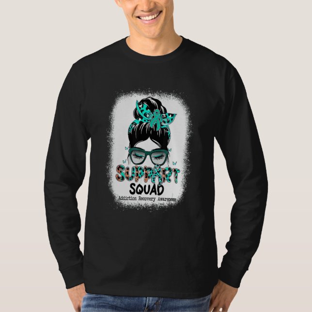 Support Squad Messy Bun Teal Ribbon Addiction Reco T-Shirt (Front)