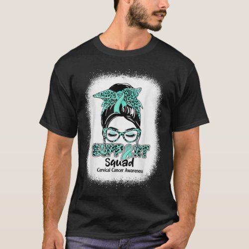 Support Squad Messy Bun Teal Ribbon Cervical Cance T_Shirt